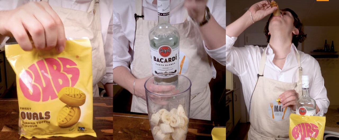 Bild på Bubs-godis, en flaska baccardi framför en mixer och Rasmus Weinemo som dricker en shot