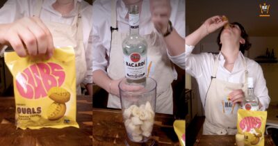 Bild på Bubs-godis, en flaska baccardi framför en mixer och Rasmus Weinemo som dricker en shot