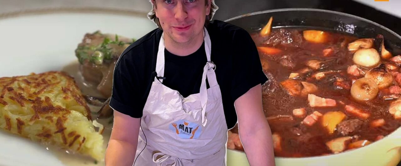 Bilder på två köttgrytor och kocken Rasmus Weinemo