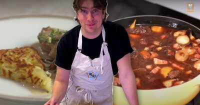 Bilder på två köttgrytor och kocken Rasmus Weinemo